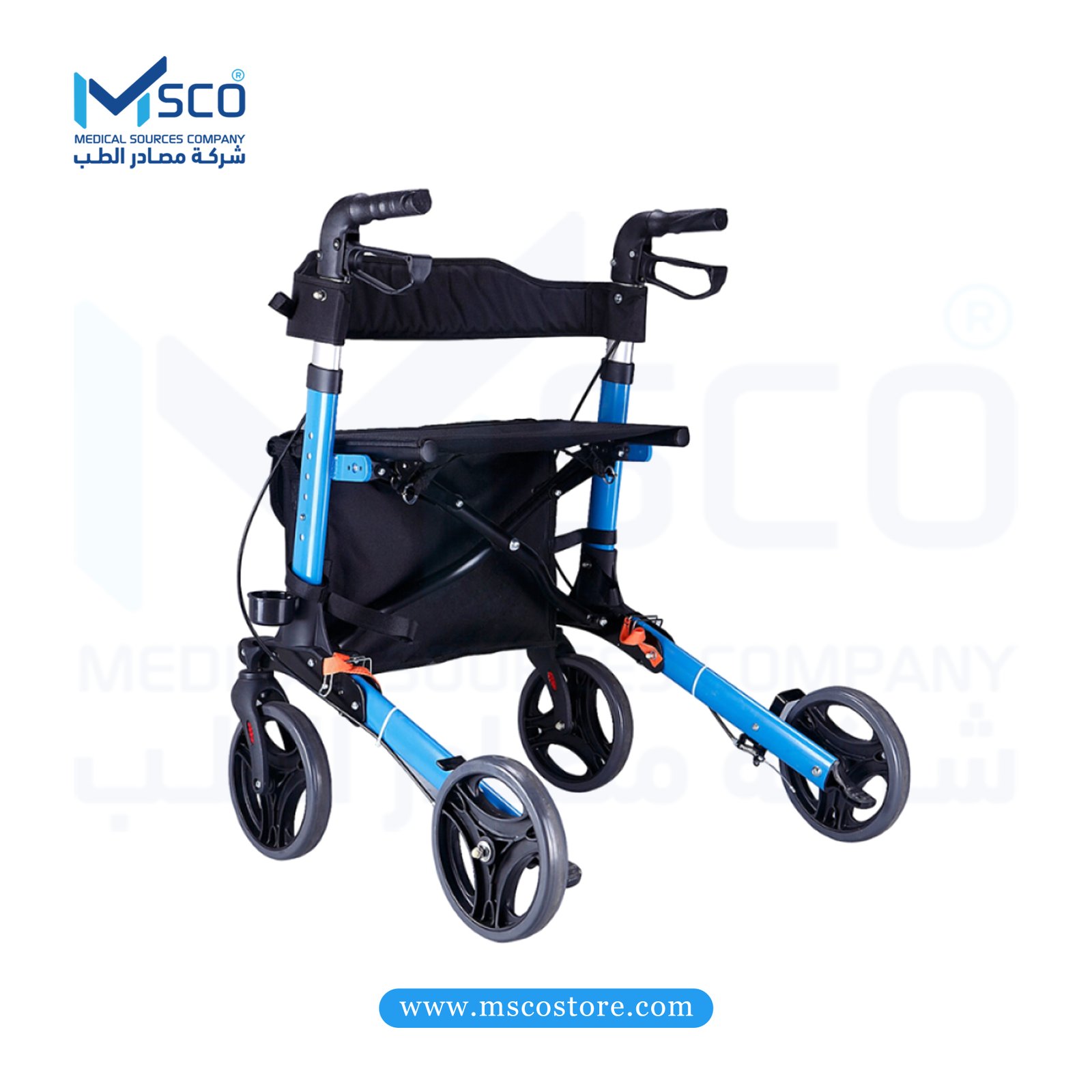 مشاية طبية ألمنيوم بعجلات ومقعد قابلة للطي - موديل 1002B (لون أزرق)
